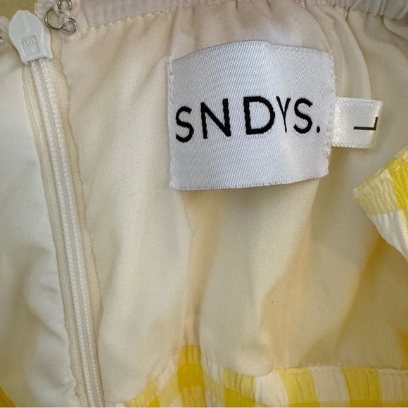 SNDYS The Label Tie Front Yellow Gingham Ruffle Mini Dress Large - Picture 5 of 11